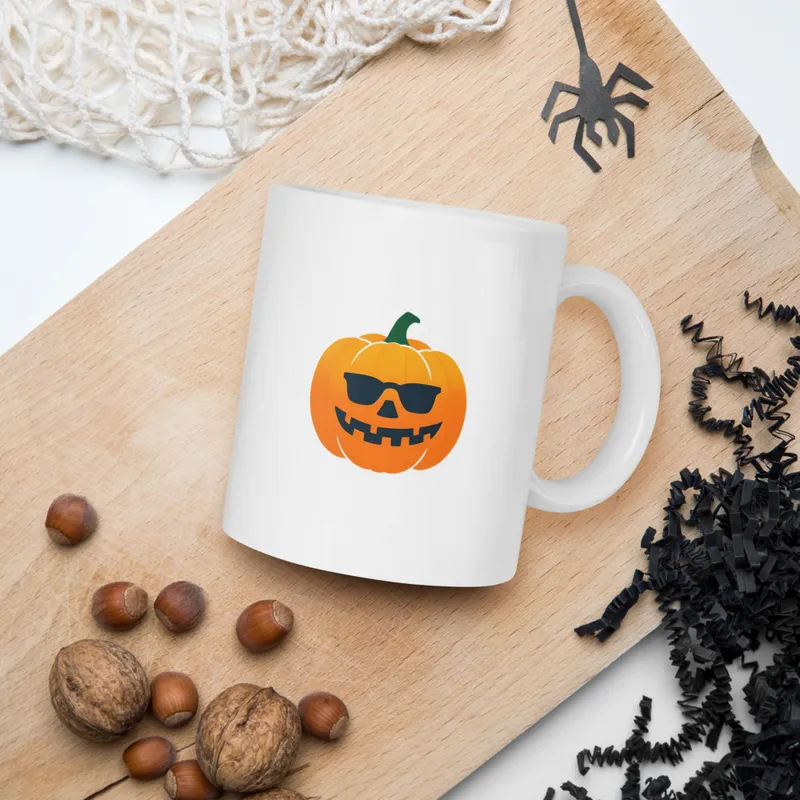 White glossy mug printed with the Cool Pumpkin design, front view